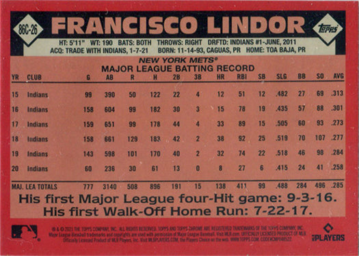 Topps Update Baseball 2021 Chrome Silver Card 86C-26 Francisco Lindor