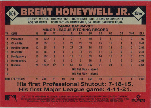 Topps Update Baseball 2021 Chrome Silver Card 86C-6 Brent Honeywell Jr.