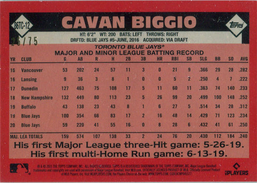 Topps Series Two Baseball 2021 Purple Border Chrome Silver Card 86TC-12 C Biggio