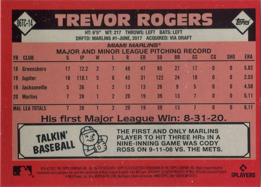 Topps Series Two Baseball 2021 Chrome Silver Card 86TC-14 Trevor Rogers