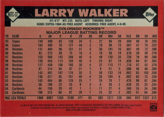 Topps Series Two Baseball 2021 Chrome Silver Card 86TC-37 Larry Walker