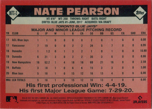 Topps Series Two Baseball 2021 Chrome Silver Card 86TC-3 Nate Pearson