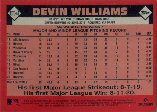 Topps Series Two Baseball 2021 Chrome Silver Card 86TC-48 Devin Williams