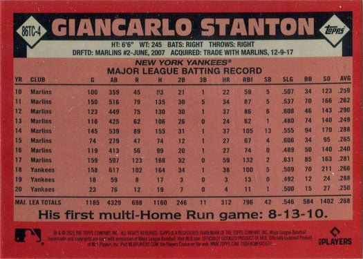 Topps Series Two Baseball 2021 Chrome Silver Card 86TC-4 Giancarlo Stanton