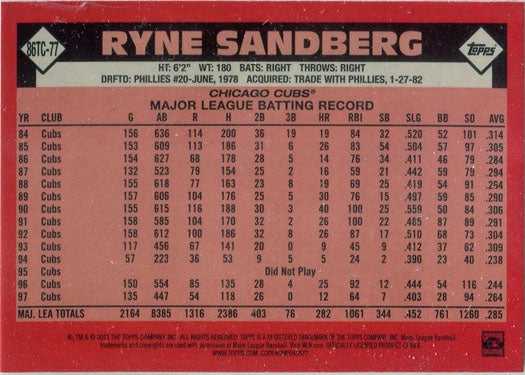 Topps Series Two Baseball 2021 Chrome Silver Card 86TC-77 Ryne Sandberg