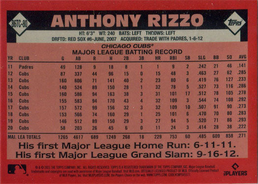 Topps Series Two Baseball 2021 Chrome Silver Card 86TC-80 Anthony Rizzo