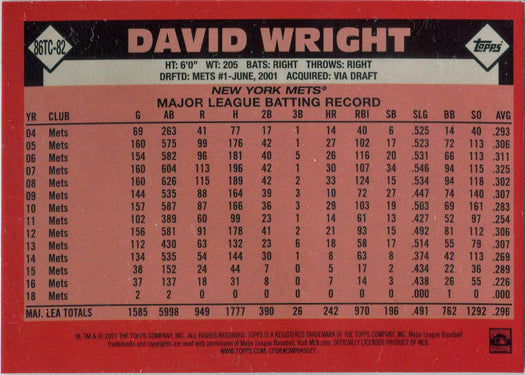 Topps Series Two Baseball 2021 Chrome Silver Card 86TC-82 David Wright