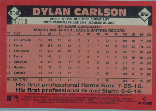 Topps Series Two Baseball 2021 Chrome Silver Auto Card 86TC-84 Dylan Carlson /99