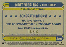 Topps Series Two Baseball 2022 1987 Design Black Border Autograph Card 87BA-MV Matt Vierling 052/199