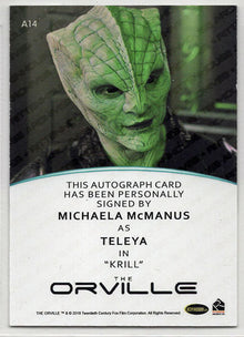 Orville Archives Autograph Card A14 Michaela McManus as Teleya (Full Bleed)