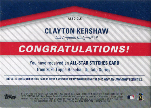 Topps Update Baseball 2020 All-Star Stitches Card ASSC-CLK Clayton Kershaw
