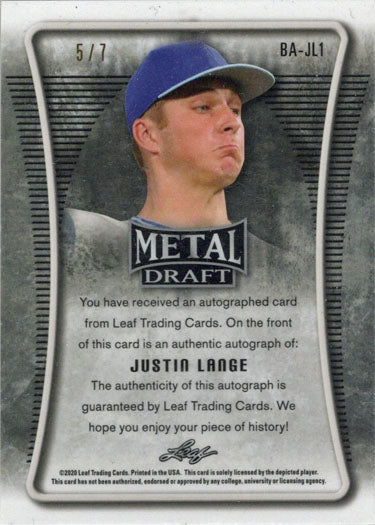 Leaf Metal Draft Baseball 2020 Purple Mojo Auto Card BA-JL1 Justin Lange 5/7
