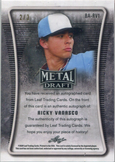 Leaf Metal Draft Baseball 2020 Mojo Orange Auto Card BA-RV1 Ricky Vanasco 2/3