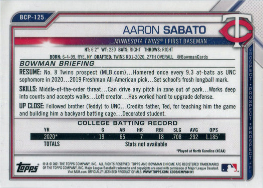 Bowman Chrome Baseball 2021 Green Shimmer Card BCP-125 Aaron Sabato 88/99