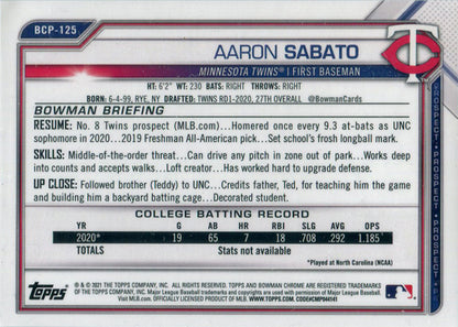 Bowman Chrome Baseball 2021 Green Shimmer Card BCP-125 Aaron Sabato 88/99