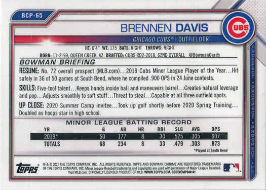 Bowman Chrome Baseball 2021 Purple Border Card BCP-65 Brennen Davis 128/250