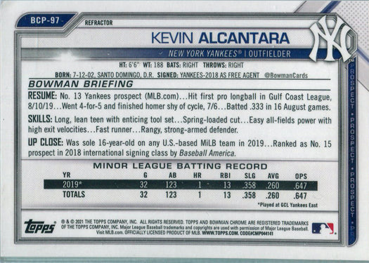 Bowman Chrome Baseball 2021 Base Refractor Card BCP-97 Kevin Alcantara 364/499