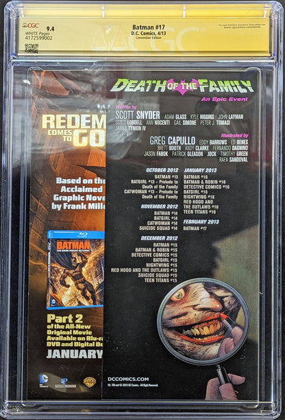 Batman #17 ECCC 2013 Variant Graded CGC 9.4 Signed by Capullo Snyder Glapion