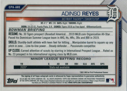 Bowman Chrome Baseball 2021 Gold Shimmer Auto Card CPA-ARE Adinso Reyes 02/50