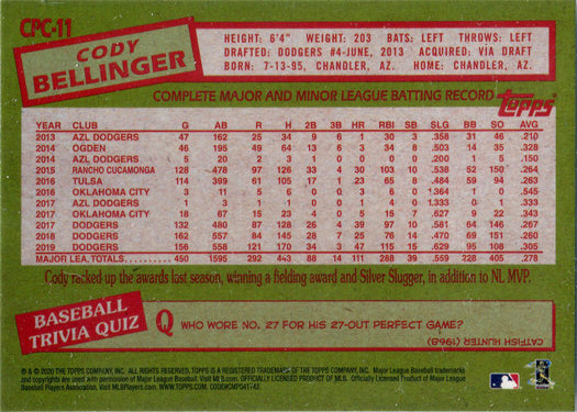 Topps Update Baseball 2020 Chrome Silver Card CPC-11 Cody Bellinger