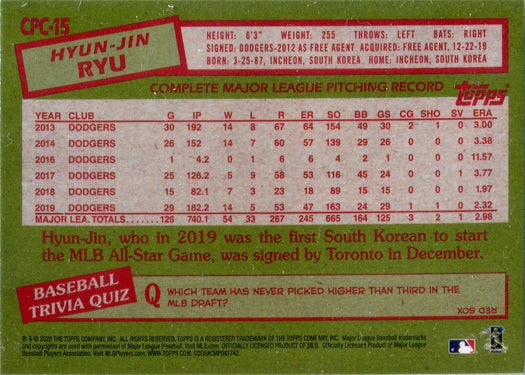 Topps Update Baseball 2020 Chrome Silver Card CPC-15 Hyun-Jin Ryu