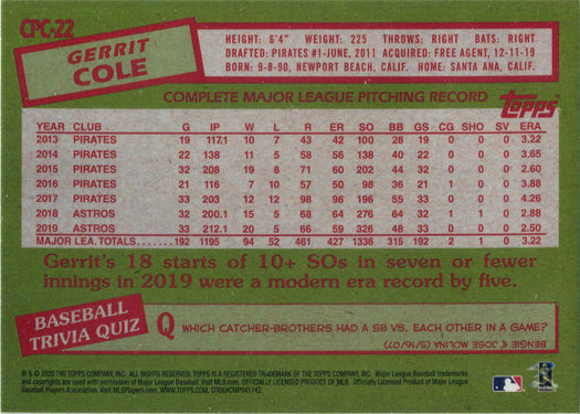 Topps Update Baseball 2020 Chrome Silver Card CPC-22 Gerrit Cole