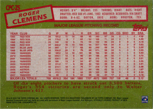 Topps Update Baseball 2020 Chrome Silver Card CPC-25 Roger Clemens