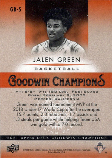 Upper Deck Goodwin Champions 2021 All-World Basketball Orange Parallel Card GB-5 Jalen Green 46/99