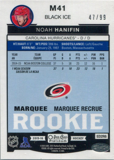 O-Pee-Chee Platinum Hockey 2015-16 Black Ice Parallel Card M41 Noah Hanifin /99