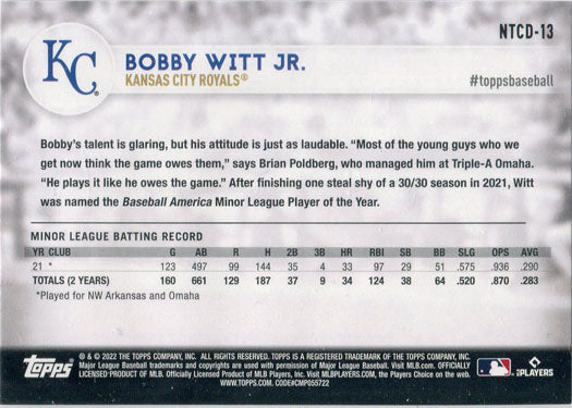 Topps 2022 International Trading Card Day Base Card NTCD-13 Bobby Witt Jr.