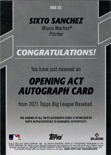 Topps Big League Baseball 2021 Opening Act Orange Auto Card OAA-SS Sixto Sanchez 72/99