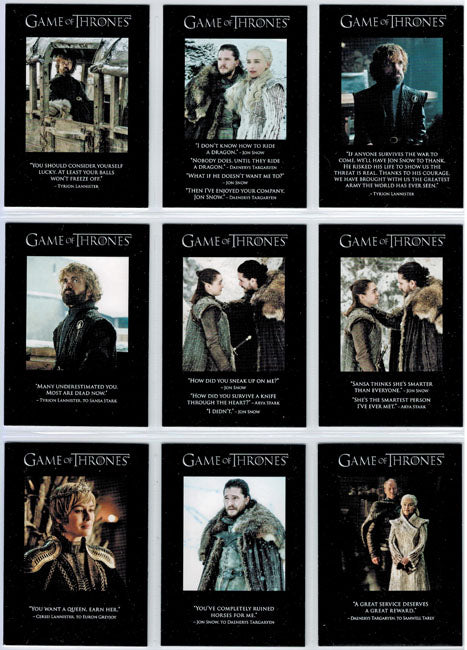 Rittenhouse 2020 Game of Thrones Season 8 Quotable 9 Card Chase Set Q71 to Q79