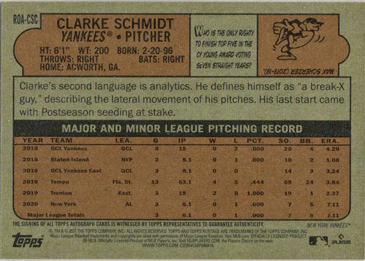 Topps Heritage 2021 Real One Autograph Card ROA-CSC Clarke Schmidt