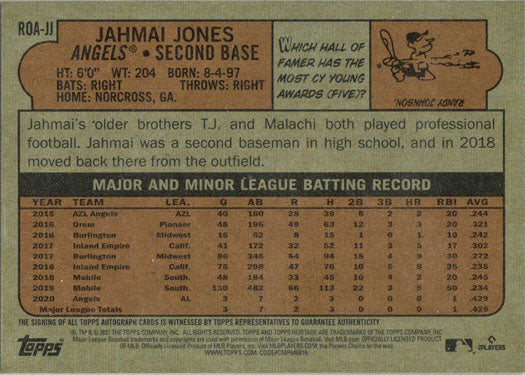 Topps Heritage 2021 Real One Autograph Card ROA-JJ Jahmai Jones