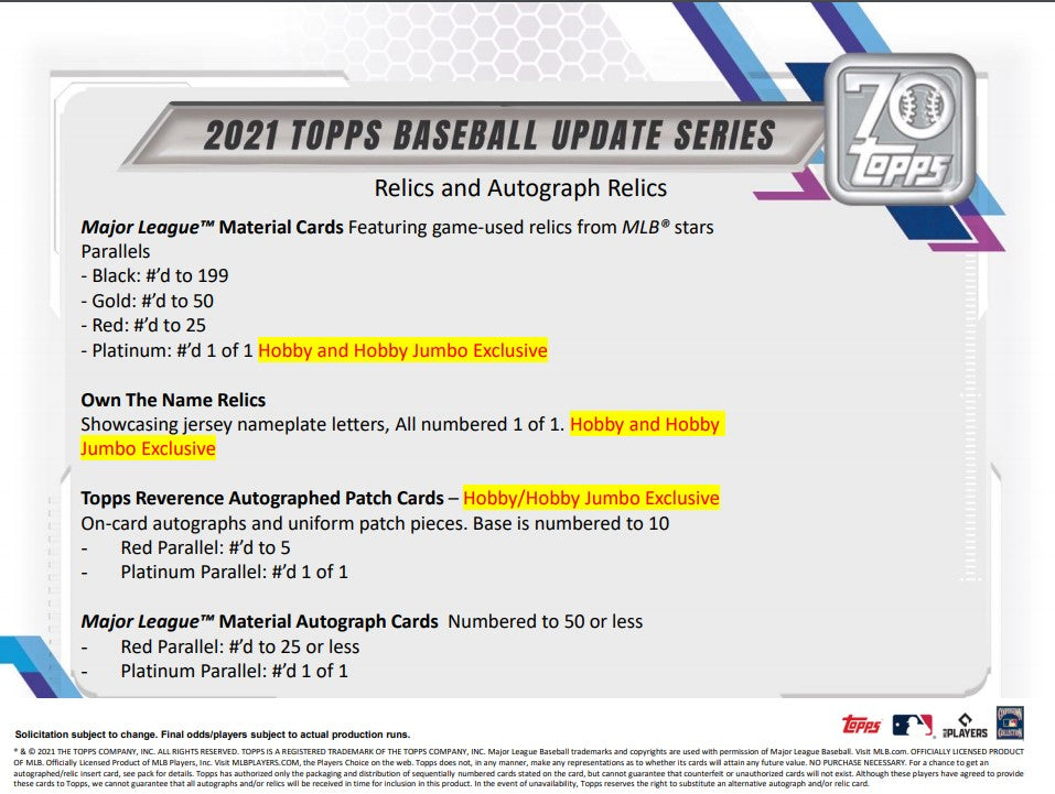 2021 Topps Baseball Update Series Factory Sealed Hobby Box