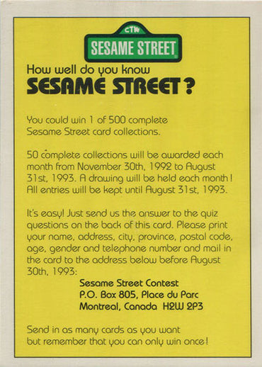 Sesame Street How Well Do You Know Sesame Street Contest Entry Card