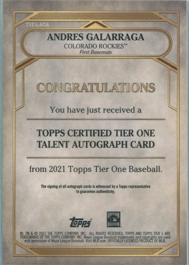 Topps Tier One Baseball 2021 Tier One Talent Auto Card T1TA-AGA A Galarraga /300
