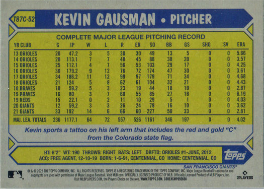 Topps Series One Baseball 2022 Chrome Silver Card T87C-52 Kevin Gausman