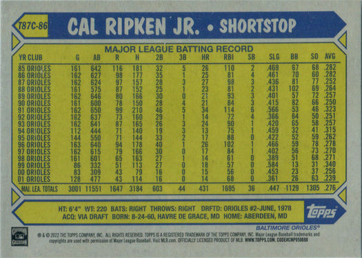 Topps Series One Baseball 2022 Chrome Silver Card T87C-86 Cal Ripken Jr.