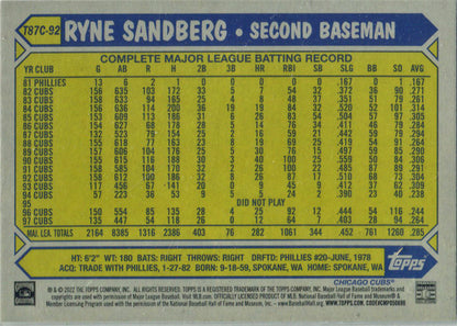 Topps Series One Baseball 2022 Chrome Silver Card T87C-92 Ryne Sandberg