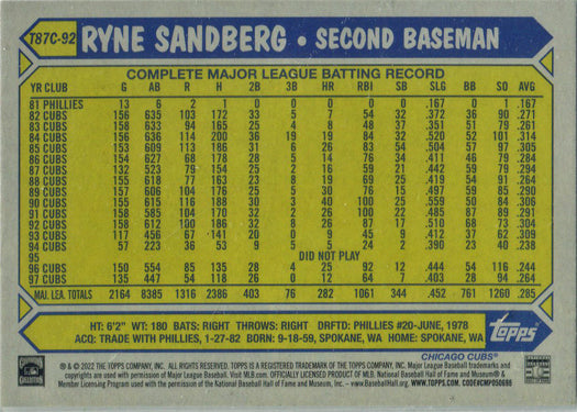 Topps Series One Baseball 2022 Chrome Silver Card T87C-92 Ryne Sandberg