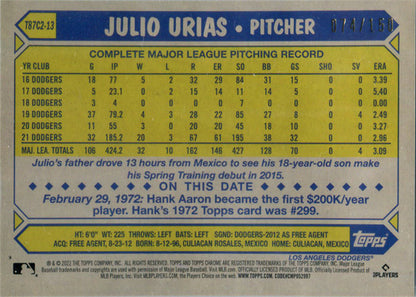 Topps Series Two Baseball 2022 Chrome Silver Blue Parallel Card T87C2-13 Julio Urias 074/150