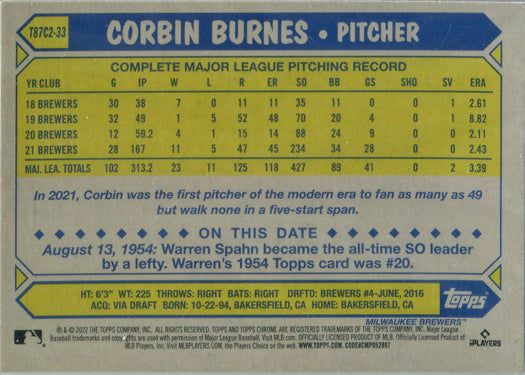Topps Series Two Baseball 2022 Chrome Silver Card T87C2-33 Corbin Burnes