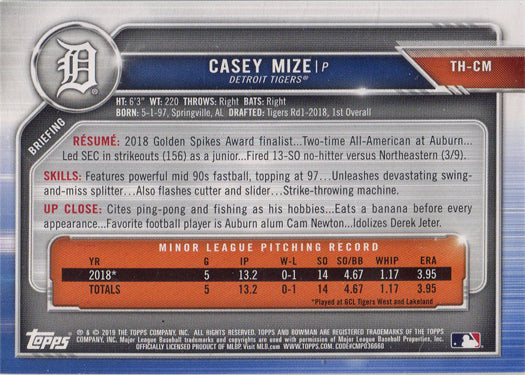 Topps Holiday Baseball 2019 Green Border Parallel Card TH-CM Casey Mize 14/99