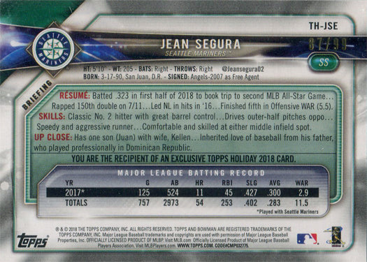 Topps Holiday Baseball 2018 Green Border Parallel Card TH-JSE Jean Segura 87/99