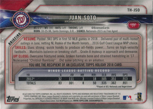 Topps Holiday Baseball 2018 Bowman Base Card TH-JSO Juan Soto