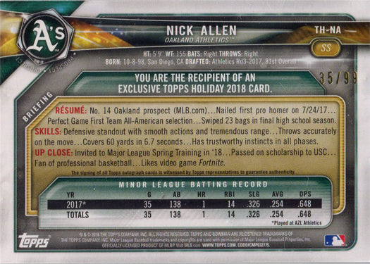 Topps Holiday Bowman Baseball 2018 Autograph Card TH-NA Nick Allen 35/99