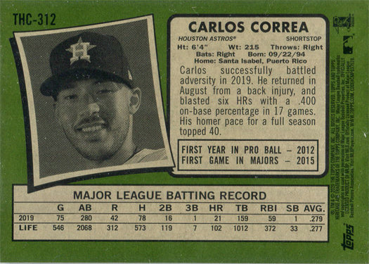 Topps Heritage Baseball 2020 Purple Chrome Refractor Card THC-312 Carlos Correa