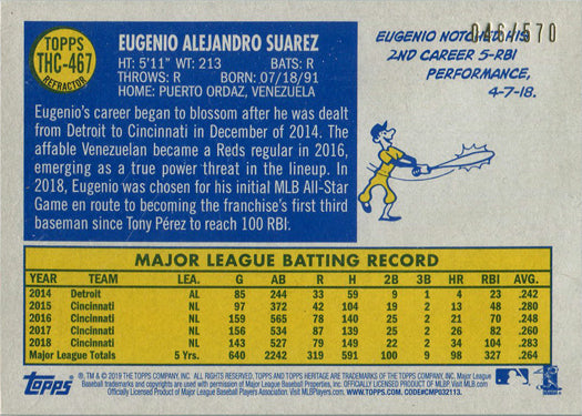 Topps Heritage Baseball 2019 Chrome Refractor Card THC-467 Eugenio Suarez 46/570
