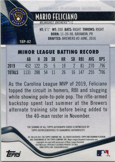 Bowman Platinum Baseball 2021 Top Prospects Auto Card TOP-82 Mario Feliciano